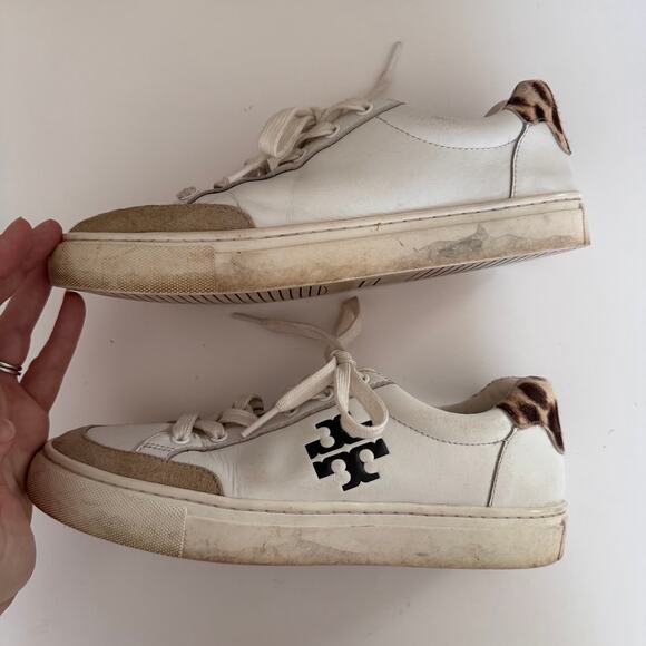 Tory Burch White Leather Andrea Color Block Logo Court Sneakers Womens Size 8 - Picture 5 of 10